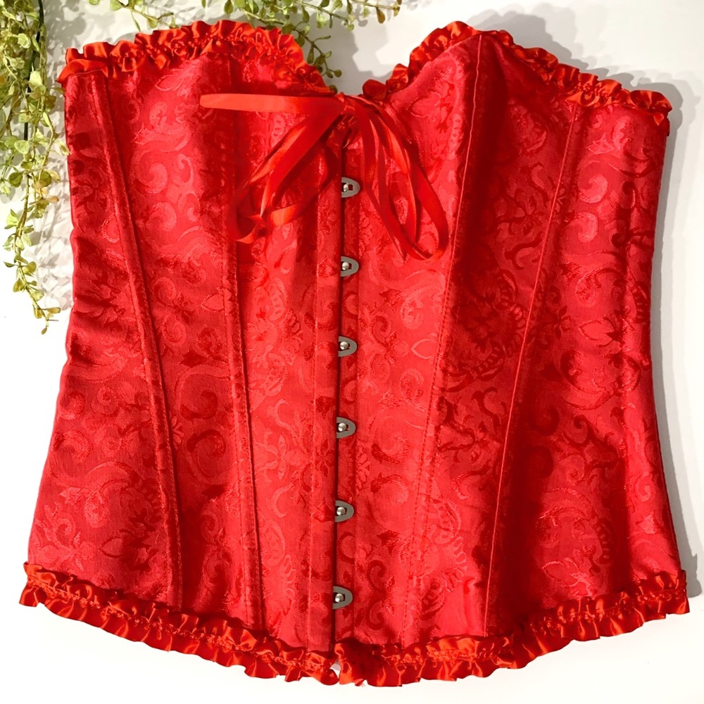 Red Lace-Up Corset with Ruffle Trim